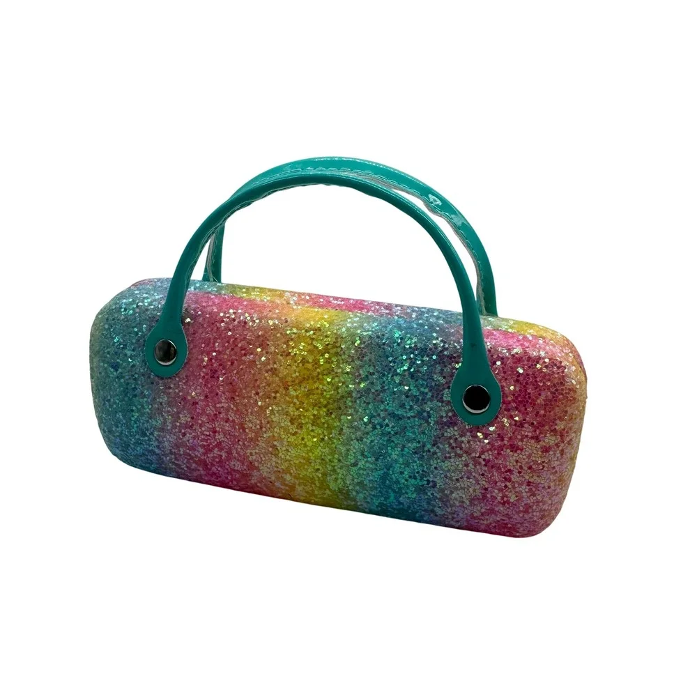 Kids Rainbow Glitter Hard Shell Eyeglass Case Ombre Sparkling Teal Handle